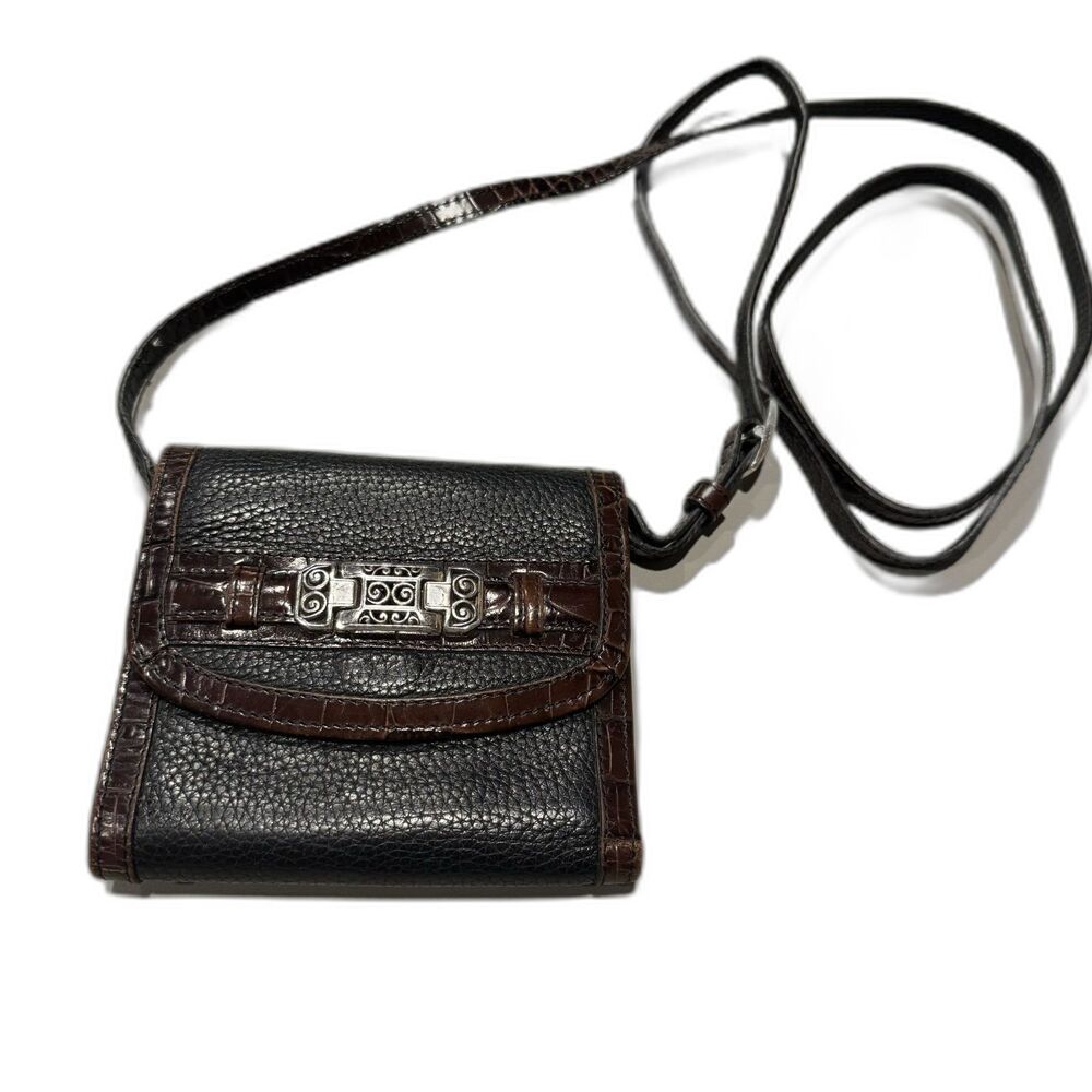 Brighton Wallet Crossbody Bag Black Pebbled Leather Removable Strap Organizer
